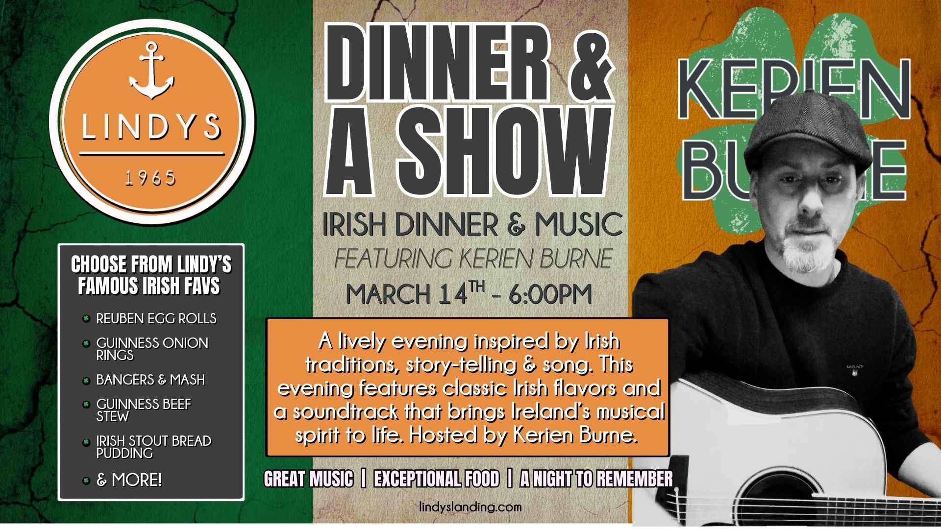 Irish Dinner & a Show with Kerien Burne at Lindy's Landing Restaurant 